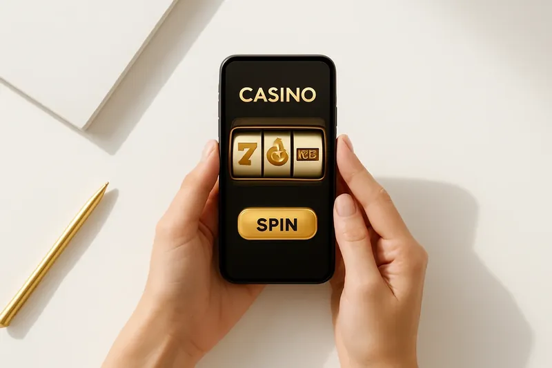 Hands holding phone with casino app above white desk