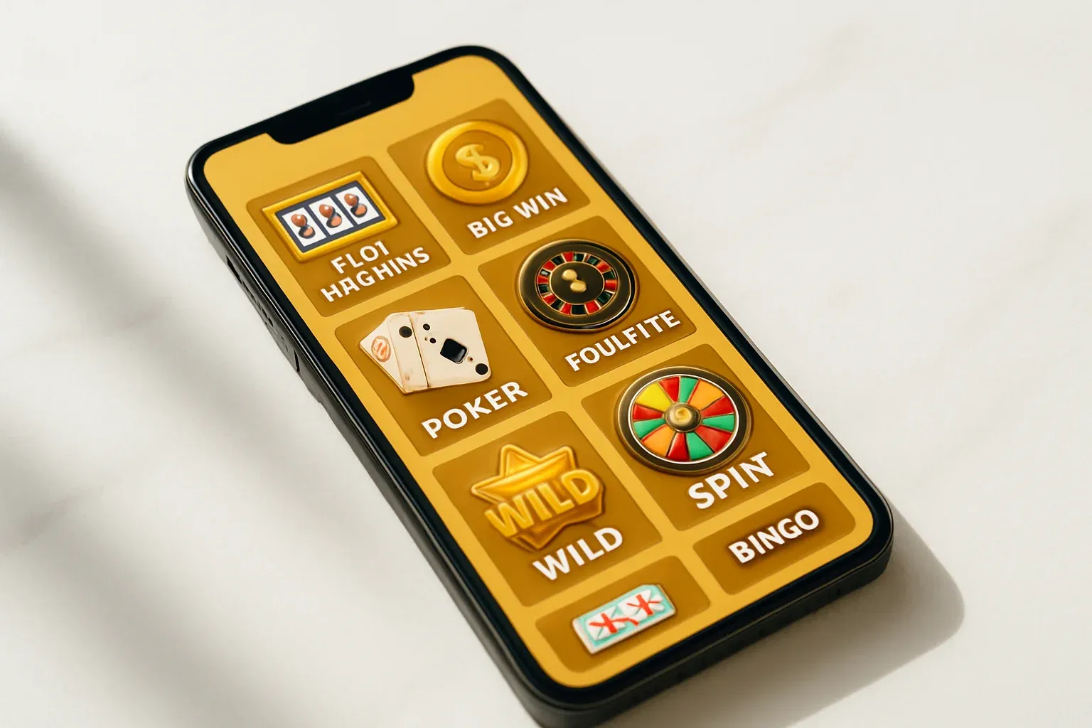 Casino App Display Smartphone on white marble showing bright casino game selection grid