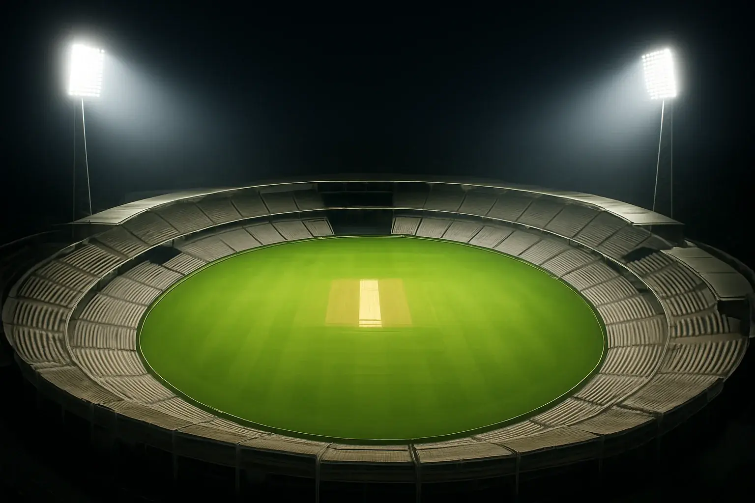 Aerial view of cricket stadium at night with bright floodlights