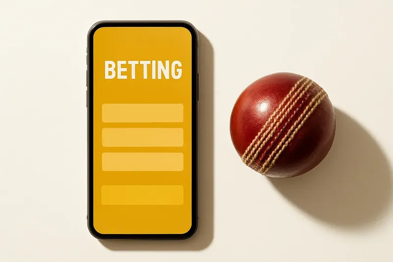 Smartphone with bright betting app beside cricket ball on white background