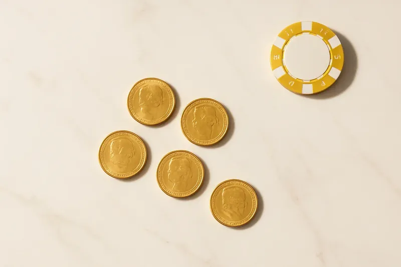 Five gold coins on cream marble with poker chip edge
