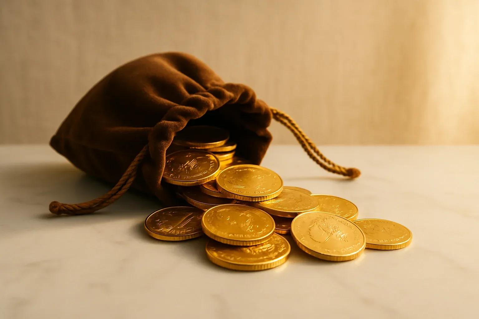 Golden coins spilling from a velvet pouch on white marble