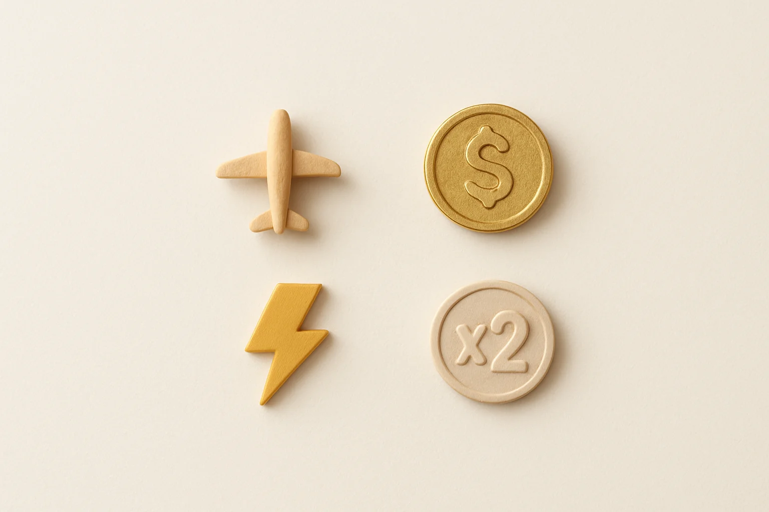 Overhead flat lay with airplane figurine, gold coin, lightning token, multiplier badge