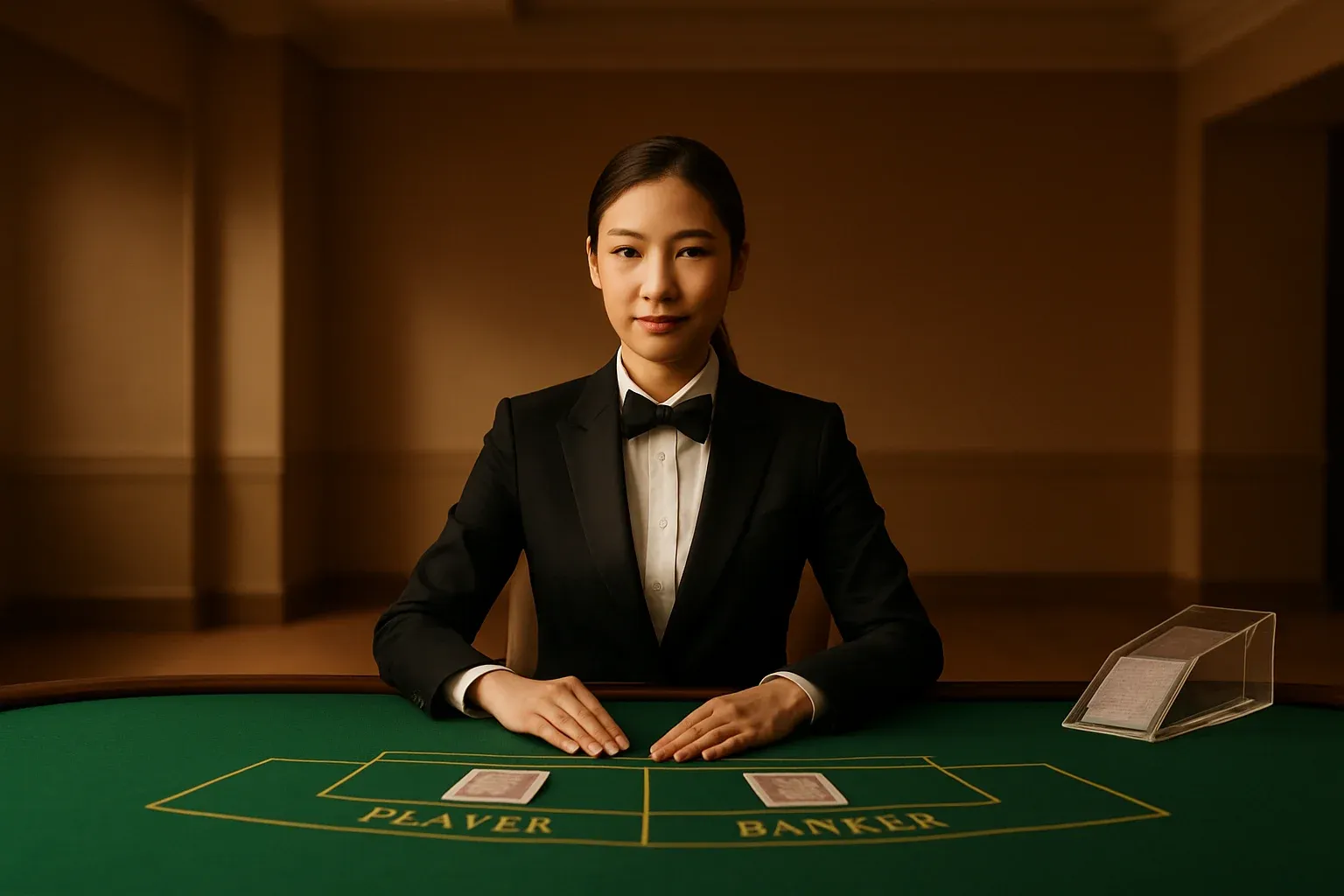 Professional female dealer at elegant live baccarat table in casino