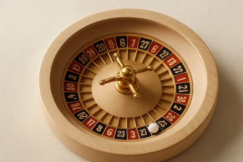 Close-up overhead roulette wheel center with gold accents and warm lighting